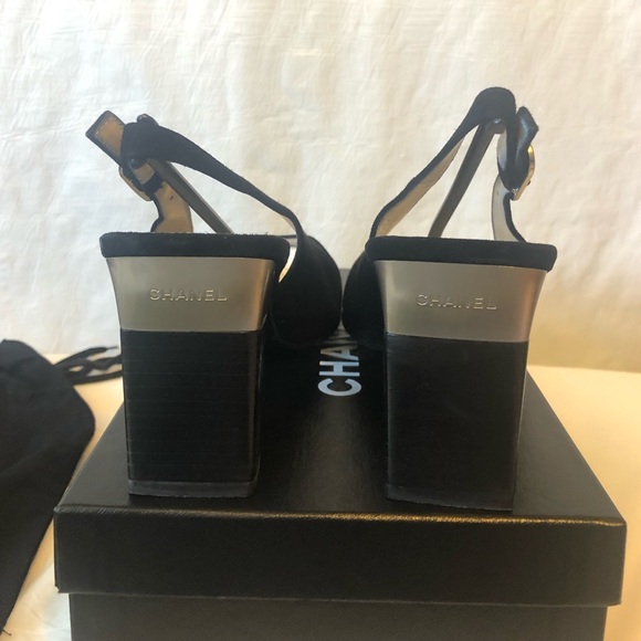 Chanel Cambon sling backs black suede with black patent toe EUC box & 2 dust bag - Picture 9 of 14